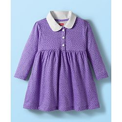Babyhug Cotton Knit Full Sleeves Polka Dot Printed Frock With Leggings & Floral Sling Bag - Purple