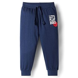 Babyhug Single Jersey Knit Full Length Lounge Pant with Let's Play Bro Text Print - Navy Blue