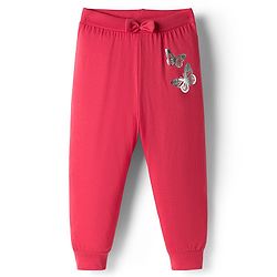 Babyhug Single Jersey Knit Full Length Lounge Pant with Bow Applique & Butterfly Print - Red