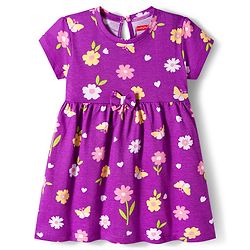 Babyhug Single Jersey Knit Half Sleeves Floral Printed Frocks with Bow Applique Pack of 2 - Pink & Purple