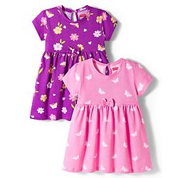 Babyhug Single Jersey Knit Half Sleeves Floral Printed Frocks with Bow Applique Pack of 2 - Pink & Purple