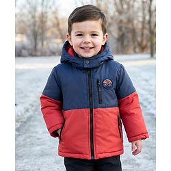 Babyhug Woven Full Sleeves Padded Jacket With Badge Detailing & Detachable Hood - Navy Blue & Brown