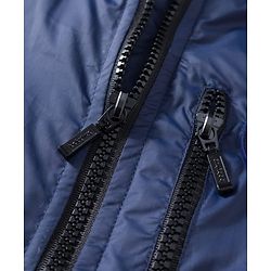 Babyhug Woven Full Sleeves Padded Jacket With Badge Detailing & Detachable Hood - Navy Blue & Brown
