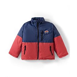 Babyhug Woven Full Sleeves Padded Jacket With Badge Detailing & Detachable Hood - Navy Blue & Brown