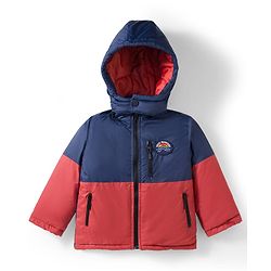 Babyhug Woven Full Sleeves Padded Jacket With Badge Detailing & Detachable Hood - Navy Blue & Brown