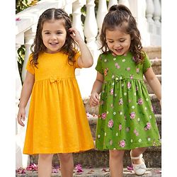 Babyhug Single Jersey Knit Half Sleeves Frocks With Floral Print Pack Of 2 - Yellow & Green