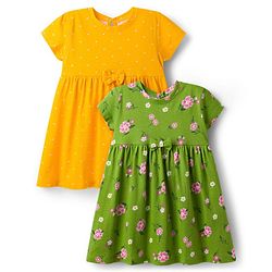 Babyhug Single Jersey Knit Half Sleeves Frocks With Floral Print Pack Of 2 - Yellow & Green