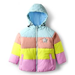 Babyhug Woven Full Raglan Sleeves Hooded Padded Jacket With Color Block Design & Star Patch - Multicolor