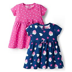 Babyhug Single Jersey Knit Half Sleeves Frock with Heart Print Pack of 2 - Navy & Pink
