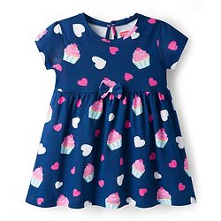 Babyhug Single Jersey Knit Half Sleeves Frock with Heart Print Pack of 2 - Navy & Pink