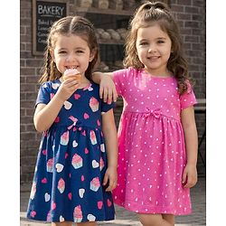 Babyhug Single Jersey Knit Half Sleeves Frock with Heart Print Pack of 2 - Navy & Pink