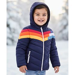 Babyhug Woven Full Sleeves Hooded Padded Jacket With Color Block Design - Navy Blue