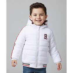 Babyhug Woven Full Sleeves Hooded Padded Jacket With Alphabet Embroidery - White