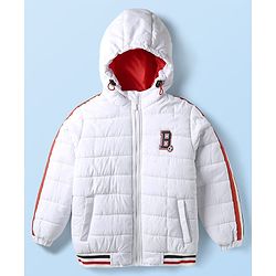 Babyhug Woven Full Sleeves Hooded Padded Jacket With Alphabet Embroidery - White