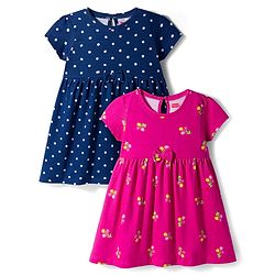 Babyhug Single Jersey Knit Half Sleeves Polka Dot & Floral Printed Frocks With Bow Applique Pack of 2 - Dark Pink & Navy Blue