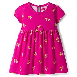 Babyhug Single Jersey Knit Half Sleeves Polka Dot & Floral Printed Frocks With Bow Applique Pack of 2 - Dark Pink & Navy Blue