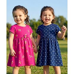Babyhug Single Jersey Knit Half Sleeves Polka Dot & Floral Printed Frocks With Bow Applique Pack of 2 - Dark Pink & Navy Blue