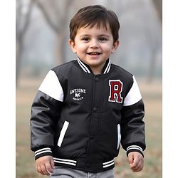 Babyhug Woven Full Sleeves Bomber Jacket With Alphabet Embroidery - Black
