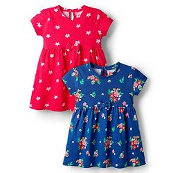 Babyhug Single Jersey Knit Half Sleeves Frocks with Bow Applique & Floral Detailing Pack of 2 - Red & Navy Blue