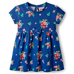 Babyhug Single Jersey Knit Half Sleeves Frocks with Bow Applique & Floral Detailing Pack of 2 - Red & Navy Blue