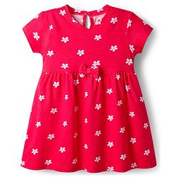 Babyhug Single Jersey Knit Half Sleeves Frocks with Bow Applique & Floral Detailing Pack of 2 - Red & Navy Blue