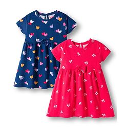 Babyhug Single Jersey Knit Half Sleeves Heart & Bow Printed Frocks With Bow Applique Pack of 2 - Navy Blue & Dark Pink