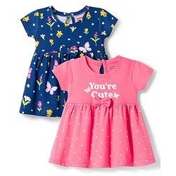 Babyhug Single Jersey Knit Half Sleeves Floral & Polka Dot Printed Frocks with Bow Applique Pack of 2 - Navy Blue & Pink