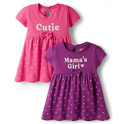 Babyhug Single Jersey Knit Half Sleeves Frocks With Heart Print & Bow Applique Pack of 2 - Purple & Dark Pink