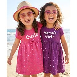Babyhug Single Jersey Knit Half Sleeves Frocks With Heart Print & Bow Applique Pack of 2 - Purple & Dark Pink