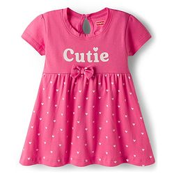 Babyhug Single Jersey Knit Half Sleeves Frocks With Heart Print & Bow Applique Pack of 2 - Purple & Dark Pink