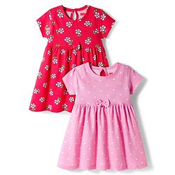 Babyhug Single Jersey Knit Half Sleeves Frocks with Bow Applique & Floral Print Pack of 2 - Red & Pink