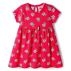 Babyhug Single Jersey Knit Half Sleeves Frocks with Bow Applique & Floral Print Pack of 2 - Red & Pink