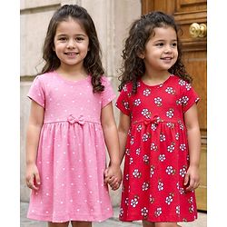 Babyhug Single Jersey Knit Half Sleeves Frocks with Bow Applique & Floral Print Pack of 2 - Red & Pink