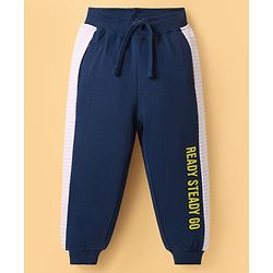 Babyhug French Terry Knit Full Length Lounge Pant With Text Print - Navy Blue