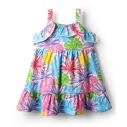 Babyhug Cotton Knit Sleeveless Frock with Floral Print & Lace Frill Detailing - Multicolor