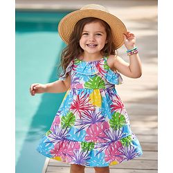Babyhug Cotton Knit Sleeveless Frock with Floral Print & Lace Frill Detailing - Multicolor