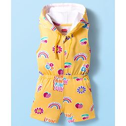 Babyhug Cotton Knit Sleeveless Hooded Jumpsuit With Floral Print - Yellow