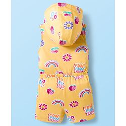 Babyhug Cotton Knit Sleeveless Hooded Jumpsuit With Floral Print - Yellow