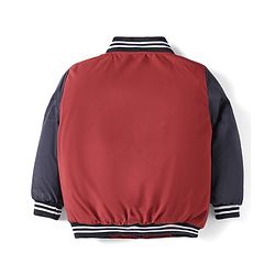 Babyhug Woven Full Sleeves Dino & Text Embroidered Bomber Jacket - Red & Navy Blue