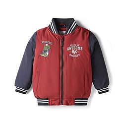 Babyhug Woven Full Sleeves Dino & Text Embroidered Bomber Jacket - Red & Navy Blue