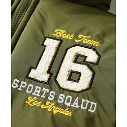 Babyhug Woven Full Sleeves Hooded Padded Jacket With Text Embroidery - Olive Green & Yellow