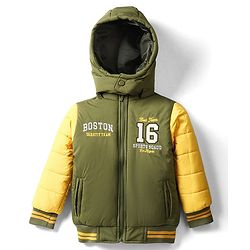 Babyhug Woven Full Sleeves Hooded Padded Jacket With Text Embroidery - Olive Green & Yellow