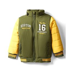 Babyhug Woven Full Sleeves Hooded Padded Jacket With Text Embroidery - Olive Green & Yellow