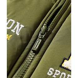 Babyhug Woven Full Sleeves Hooded Padded Jacket With Text Embroidery - Olive Green & Yellow