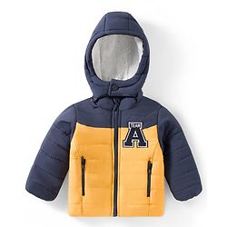 Babyhug Woven Full Sleeves Padded Jacket with Detachable Hood & Color Block Design - Navy Blue & Yellow