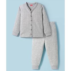 Babyhug Knit Full Sleeves Solid Color Thermal Vest & Pant Set - Light Grey