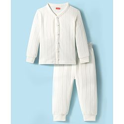 Babyhug Knit Full Sleeves Solid Color Thermal Vest & Pant Set - Off White
