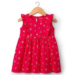 Babyhug Single Jersey Knit Frill Sleeves Frock with Floral Print & Bow Applique - Red
