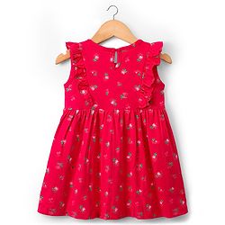 Babyhug Single Jersey Knit Frill Sleeves Frock with Floral Print & Bow Applique - Red