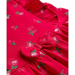 Babyhug Single Jersey Knit Frill Sleeves Frock with Floral Print & Bow Applique - Red